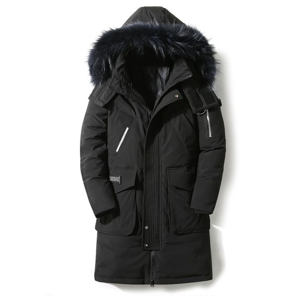 

white duck down jackets men long coats warm hooded duck down coats parkas men russian fur collar outdoor windproof, Black