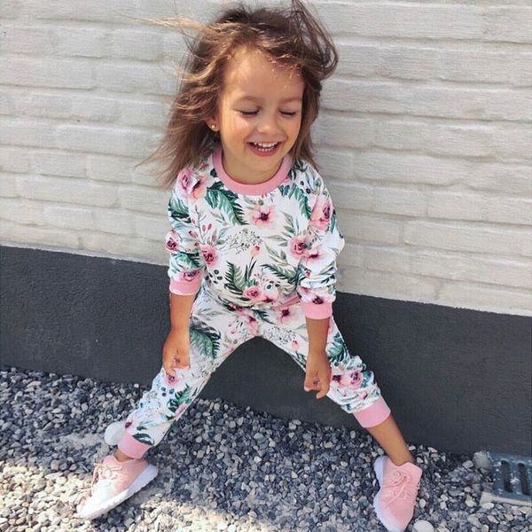 

2pcs toddler infant baby girls clothes set fashion leaves floral print long sleeve cotton pants outfits set, White