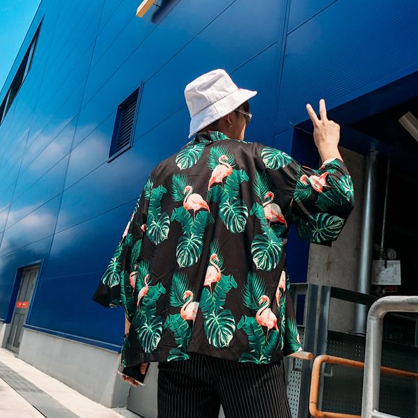 

лист печатается с коротким рукавом мужские рубашки японский streetwear вскользь хлопок бич рубашка корейской моды гавайская рубашка мужской, White;black