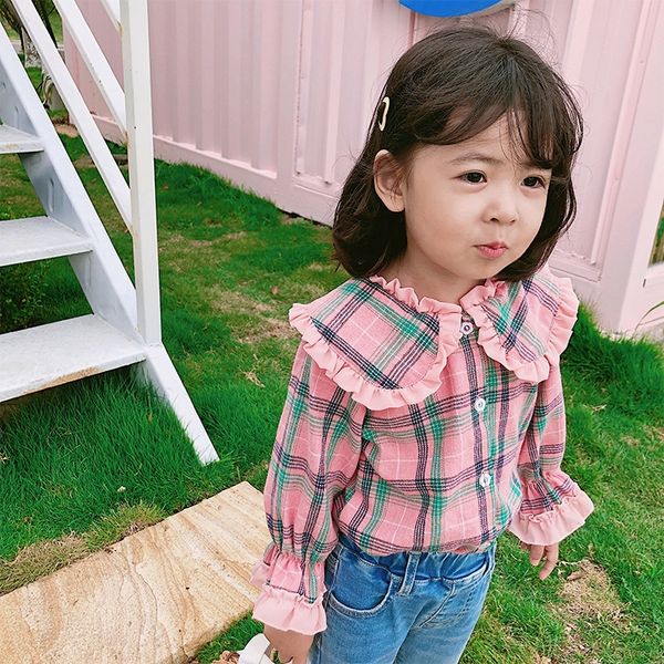

girls doll plaid shirt 2020 autumn girl sweet pink doll collar shirt children's fashionable cardigan top, White;black