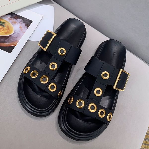 

british starbagmcq counter flat bottom slippers with rivets full of personality new summer 2020 men's shoes leather, Black