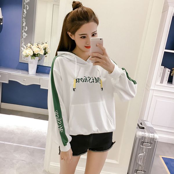 

women's autumn and winter new plus fleece hooded sweatshirt hit color stitching letter printing loose student sweatshirt women, Black