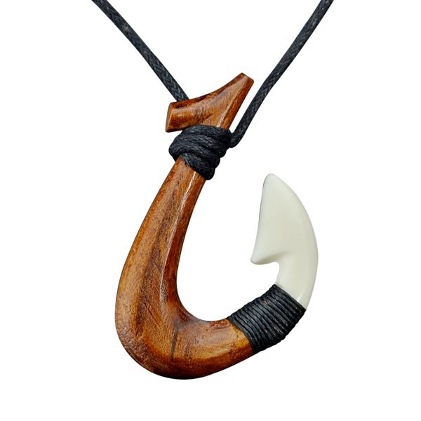 Ciondolo Gioielli delle tribù primitive Collana con amo da pesce in legno intagliato a mano collane in osso di yak per il surf