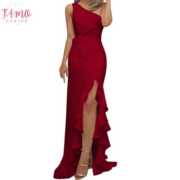 

women one shoulder evening party ruffles summer club strap dresses summer elegant sleeveless high split long maxi dress, Black;gray