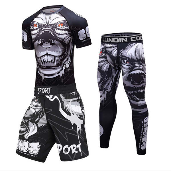 

gym running set men's 3d printed t-shirt + pants compression tights sports set rashguard men's jogging training suit, Black;blue
