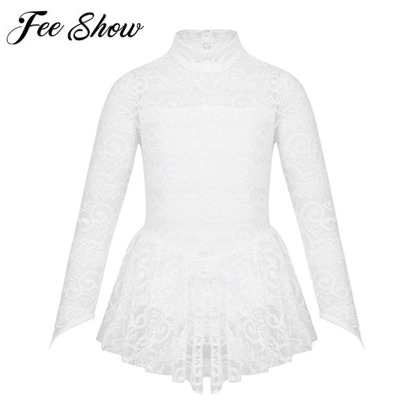 

figure skating dress kids girls ice skating ballet dance leotard dress 5-14 years floral lace competition performance clothing, Red;yellow