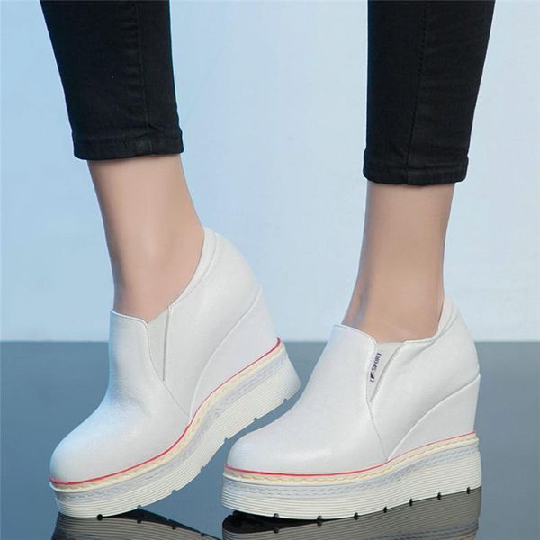 

2020 women slip on genuine leather platform wedges high heel pumps shoes female mid round toe fashion sneakers casual shoes, Black