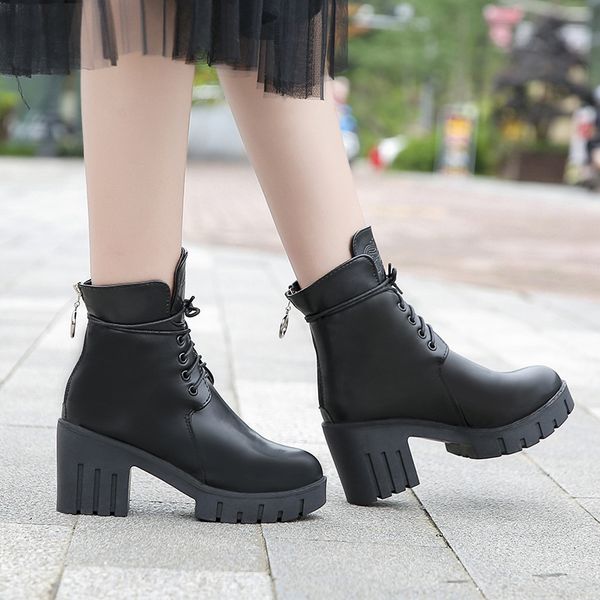 

women's booties 2019 autumn new fashion low tube female leather boots zipper waterproof high-heeled non-slip women's boots, Black