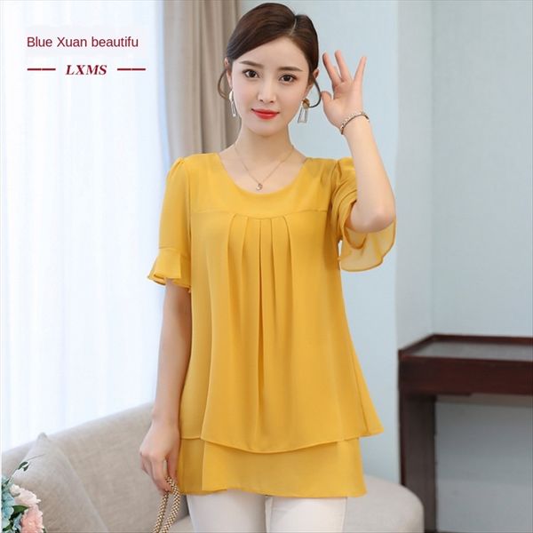 

подхожу для западного стиля небольшой t- полурукав футболку большого размера жир мм живот сверху маму среднего и долго шифон рубашки женщины, White