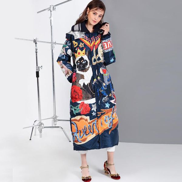 

mary.yan&yu winter new down coats women's coat fashion cartoon print long down coats loose jacket manteaux bas yr17809, Black