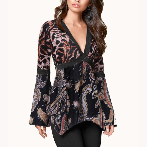 

2019 spring leopard print blouse v-neck patchwork women long boot cup sleeve slim-type women fashion streetwear blouse 3xl, White