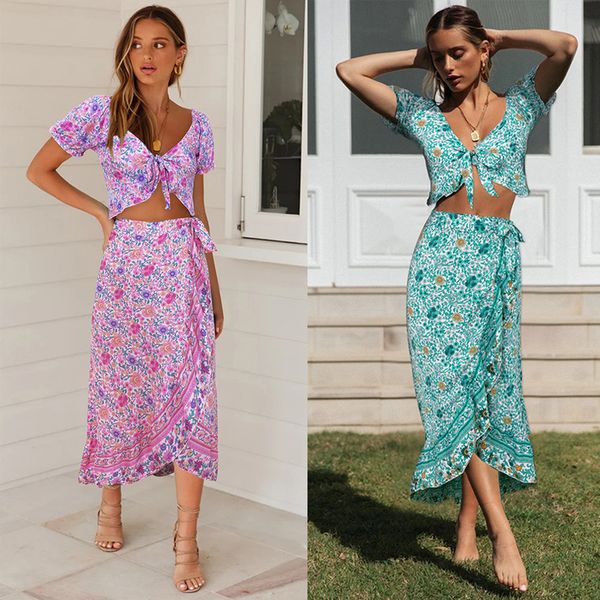 

spring and summer 2020 women's bohemian floral short sleeve bow irregular skirt set suit skirt dress, Black;gray