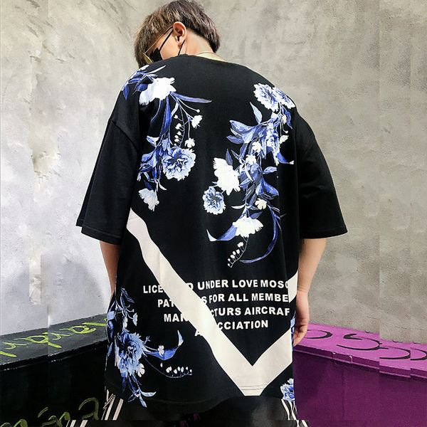 

japanese street summer fashion flowers and plants cotton t-shirt short sleeve male hip-hop tees t shirt, White;black
