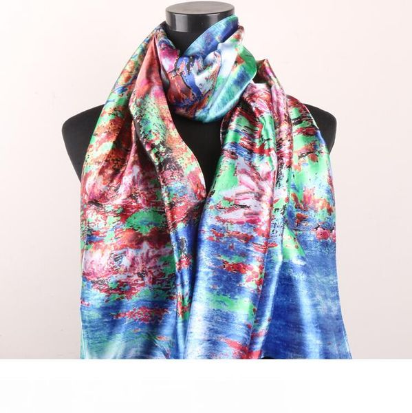 

1pcs red green sunflowers royal blue color women's fashion satin oil painting long wrap shawl beach silk scarf 160x50cm, Blue;gray