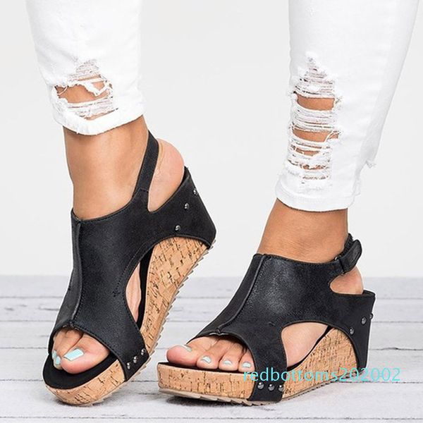 

xnhnwomen sandals 2020 platform sandals wedges shoes for women heels sandalias mujer summer shoes leather wedge heels 43 r02, Black