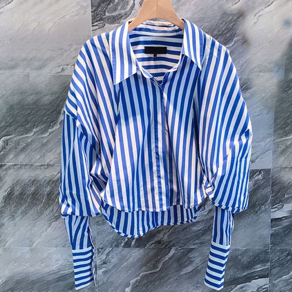 

ewq] 2020 spring summer new sweet turn-down collar puff sleeve striped contrast shirt korea loose casual women blouse qv33605, White