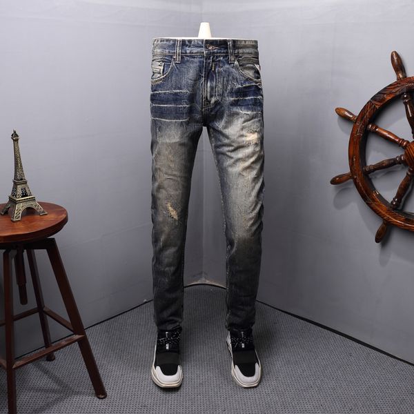 

fashion streetwear men jeans slim fit destroyed ripped jeans men classical denim pants italian style vintage designer, Blue