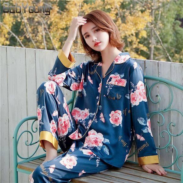 

babyoung summer women pajamas set flower print pyjamas femme satin silk sleep wear long sleeve nighty suit pijama mujer feminino, Blue;gray