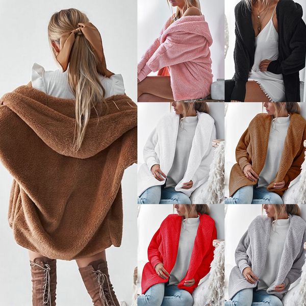 

litthing women hooded plush jacket loose autumn solid hoodie fleece cardigan fashion overcoat casual loose streetwear 2019 new, Black;brown