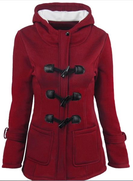 

women's clothing autumn and winter new horn buckle coat woman thickened medium and long cap blend jacket cotton coat, Black
