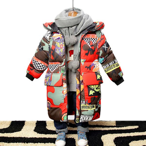 

kids for boys hooded jackets new winter graffiti camouflage parkas for teenagers thick long coat clothes, Blue;gray