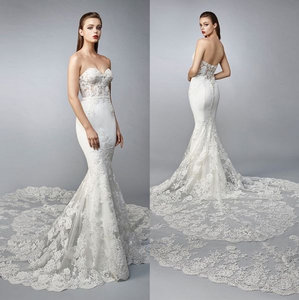 

modest mermaid lace wedding dresses strapless neck appliqued court train bridal gowns trumpet tulle plus size robe de mariÃ©e, White