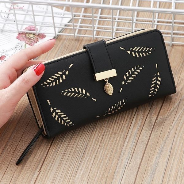

long wallet women purses leaves hollow coin purse card holder wallets female clutch bag pu leather wallet, Red;black