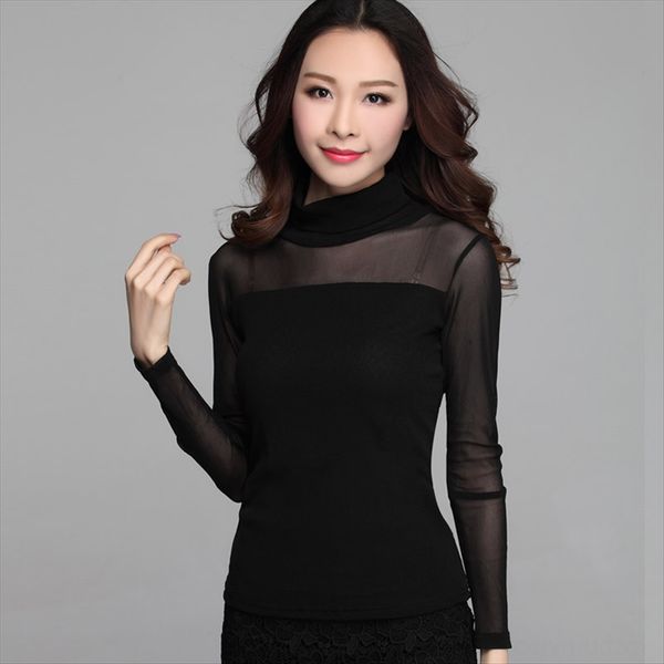 

women's wear 2020 autumn underpants t-shirt underpants large size high collar classic all-match mesh lace base shirt t-shirt, White