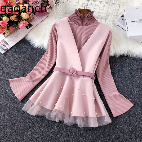 

gagarich women two pieces set solid beading belt tie vests fashion half turtleneck kintted bottom pullover ladies casual sets, White