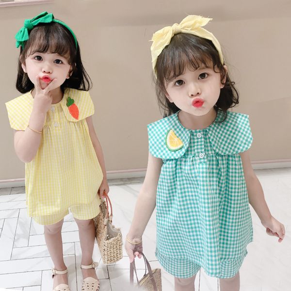 

kids designer clothes 2020 children's fruit plaid suit foreign style sleeveless children's wear two-piece suit fashion style, White