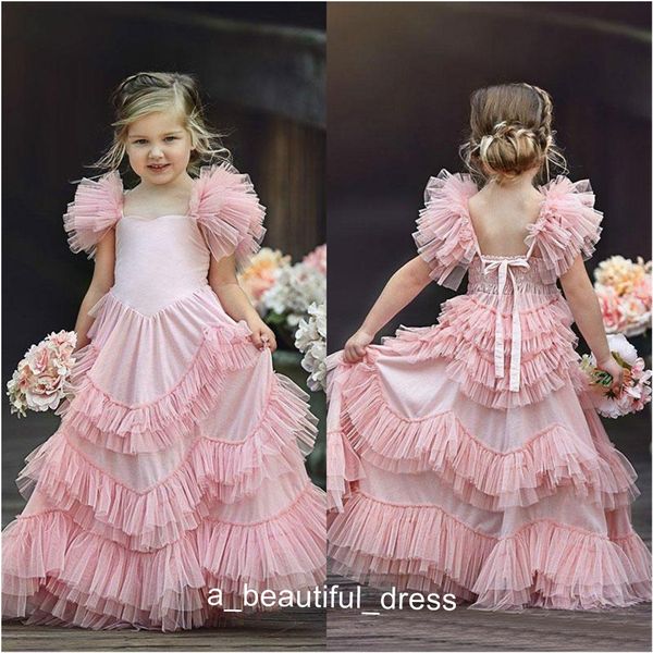 Meninas Vestidos para a menina Crianças Casamentos Jewel Neck rosa apliques Bow camadas Trem da varredura do aniversário da borboleta Pageant Vestidos FG1312