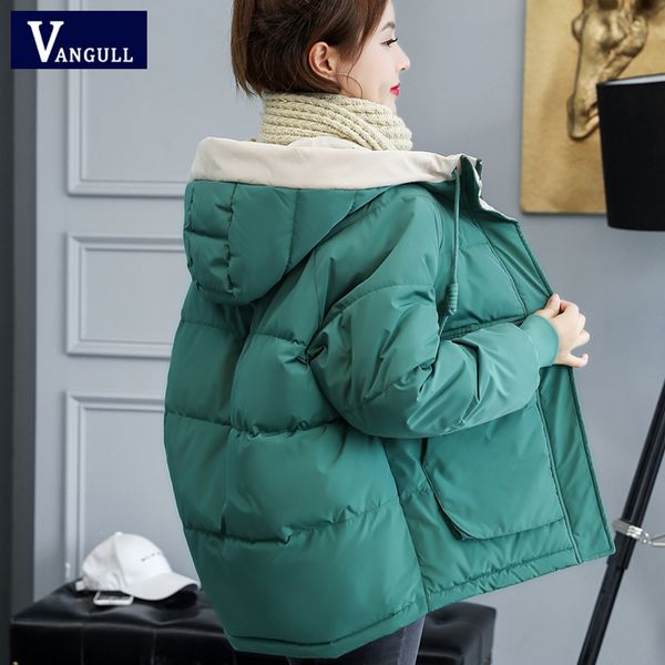 

vangull winter hooded jacket women cotton padded parkas new fashion thick outwear female short coat solid long sleeve parkas, Black