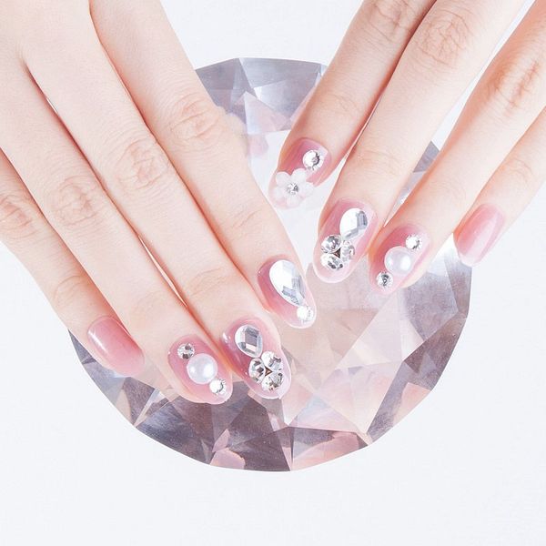 

new jelly color fake nails art stickers glitter crystal imitation pearl diamond false nail patches with glue bride manicure tool, Red;gold