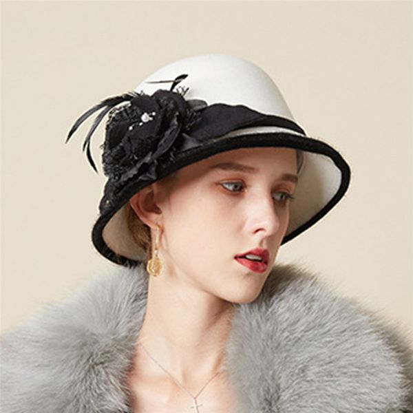 

2019 дикая британская женщина бассейн hat перо цветы теплого fisherman hat многофункционального берет урожай подогреть партии комфортного c3, Blue;gray