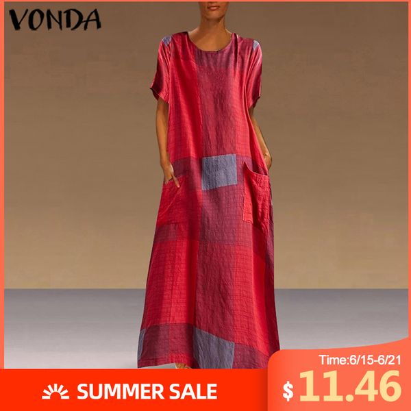 

bohemian vests women vintage patchwork plaid maxi dress holiday beach dress vonda 2020 casual loose summer sundress plus size, Black;gray