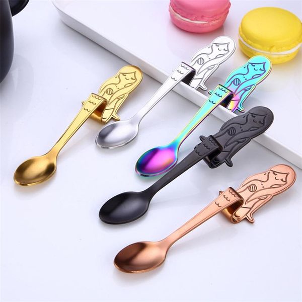 

stainless steel mermaid spoon stiring hanging cup side mermaid shaped 5 colors coffee spoon tableware ice cream dessert tc0321 2pcs