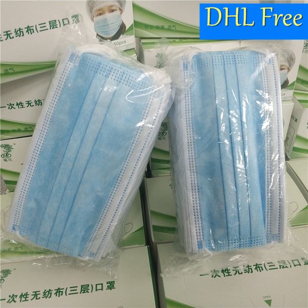 

50pce маска dhl бесплатная доставка одноразовая маска для лица 3 слоя нетканого материала для лица maschere пылезащитная капля свободного ды