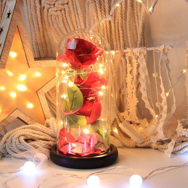 

led light birthday gift the beast red rose fallen petals in a glass dome on a plastic base for christmas valentine's gifts