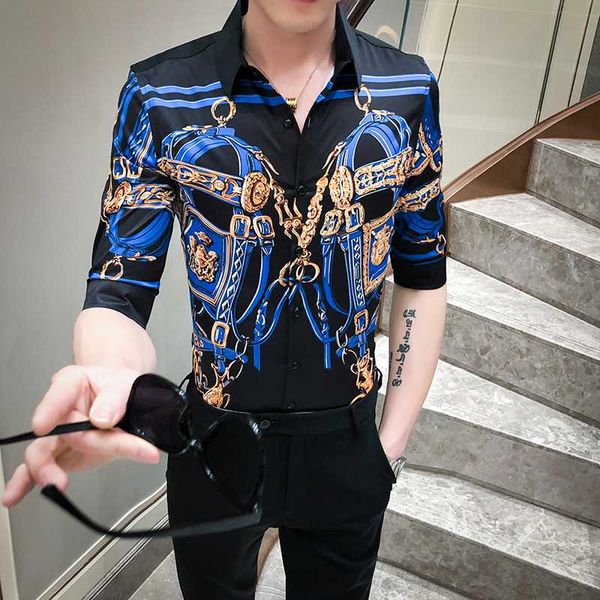 

camisa luxury print shirt men half sleeve streetwear social dress shirts 2020 summer casual slim fit nightclub tuxedo clothing, White;black