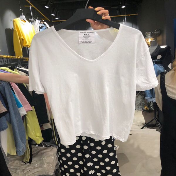 

now ~ east gate women's 2020 season solid color basic v-neck all-match loose short-sleeved t-shirt women's fashion, White