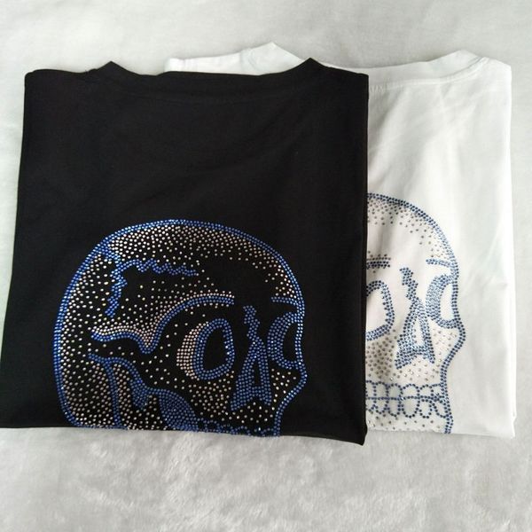 

women t-shirt new back personality skull colorful rhinestones cotton t-shirt women, White
