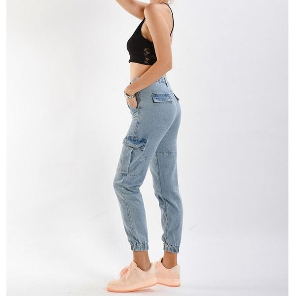 

women elastic high waist plus size pants safari style zippers pockets jeans bleached casual long cargo jeans, Blue