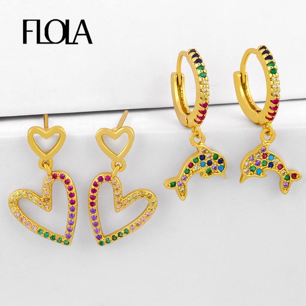 

flola cz zircon heart drop earrings for women crystal cute dolphin earrings multicolor gold filled rainbow huggie jeweley erst26, Silver