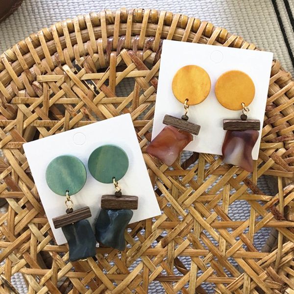 

aomu 2019 s925 sliver geometric irregularity contrast color wood resin vintage ethnic style drop earring for girls party jewelry, Silver