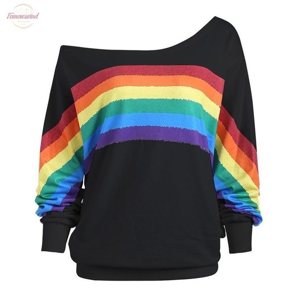 

women t shirt casual loose long sleeve rainbow print strapless shoulder pullover shirts sweatshirt tee shirt femme, White
