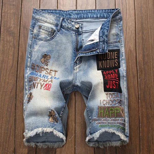 

letter embroidery mens jeans short zipper fashion style homme designer hip hop casual denim pants, Blue