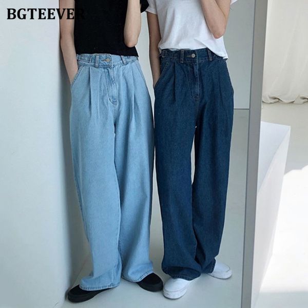 

women's jeans bgteever casual high waist loose female summer wide leg denim blue pants for women 2021 floor-length ladies trousers