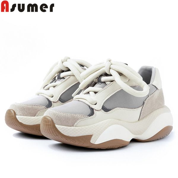 

asumer size 35-40 fashion new women flats casual sneakers lace up genuine leather shoes round toe ladies flat platform shoes, Black