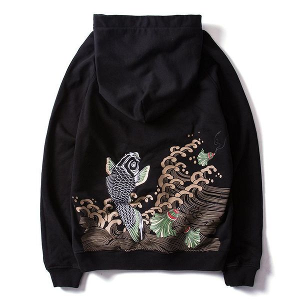 

national tide europe and america new japanese harajuku tide clothing carp embroidery hip hop loose hooded sweater male, Black;brown