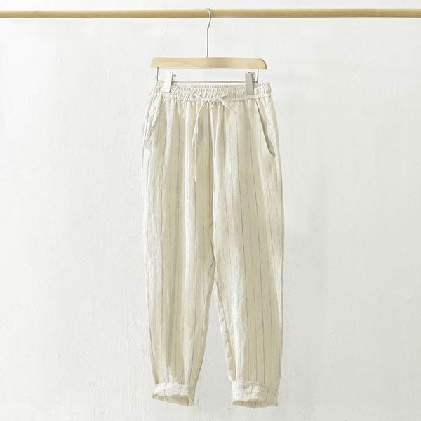 

2020 new linen striped casual capri-pants men's breathable k8001, Black